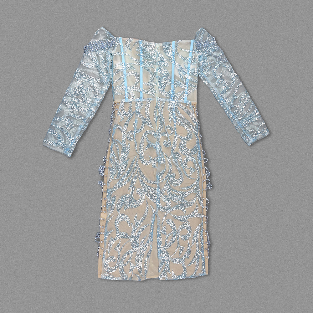 Long Sleeve Pearl Corset Midi Dress Blue HV9945