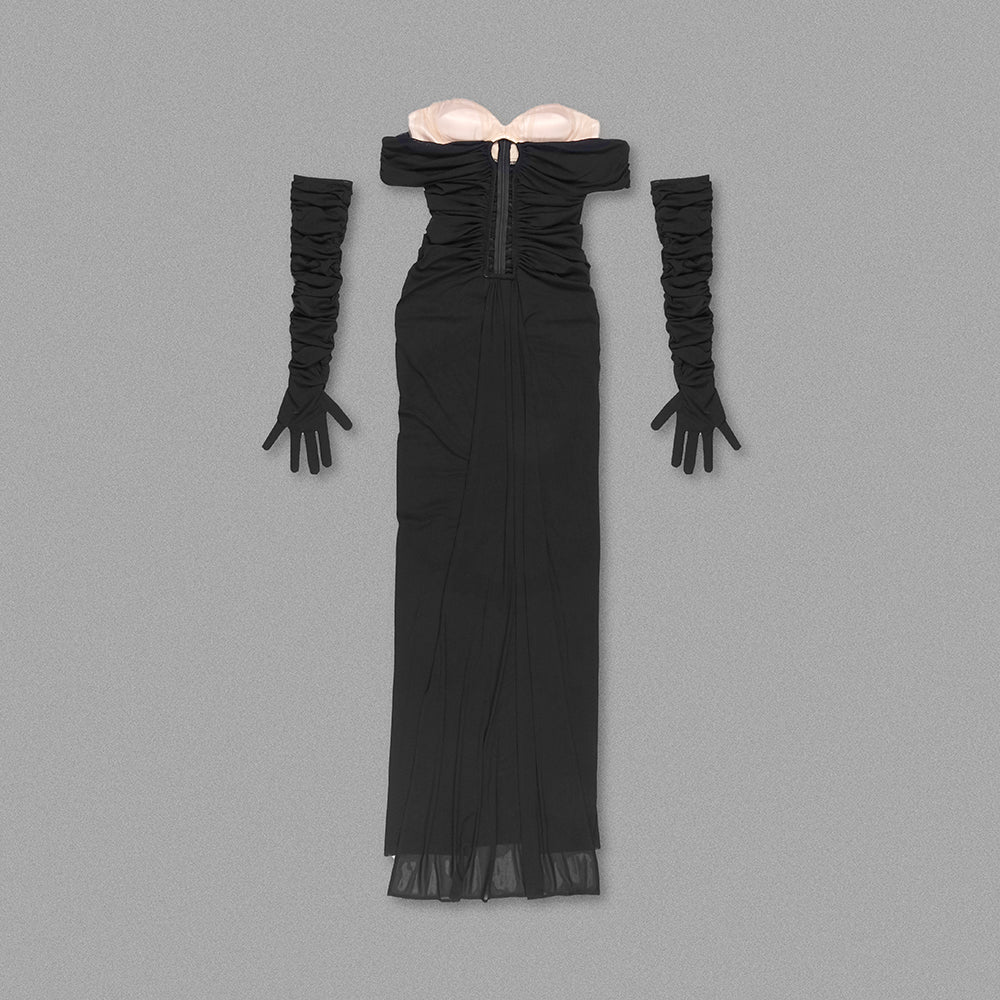 Long Sleeve Bustier Ruched Mesh Maxi Dress Black HV1117