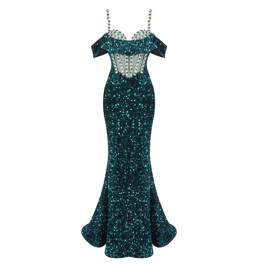 Crystal Corset Sequin Maxi Dress Green HV2002
