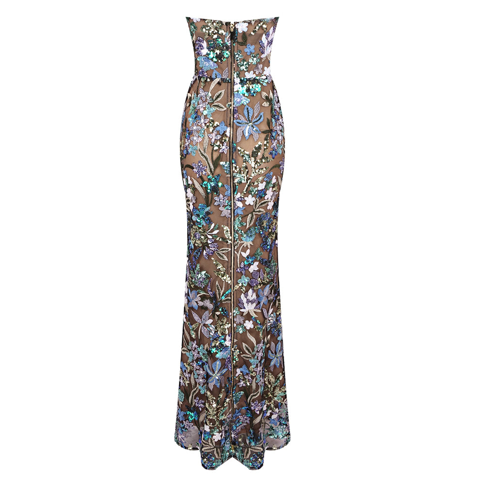 Strapless Sequin Floral Lace Maxi Dress Green HV1152