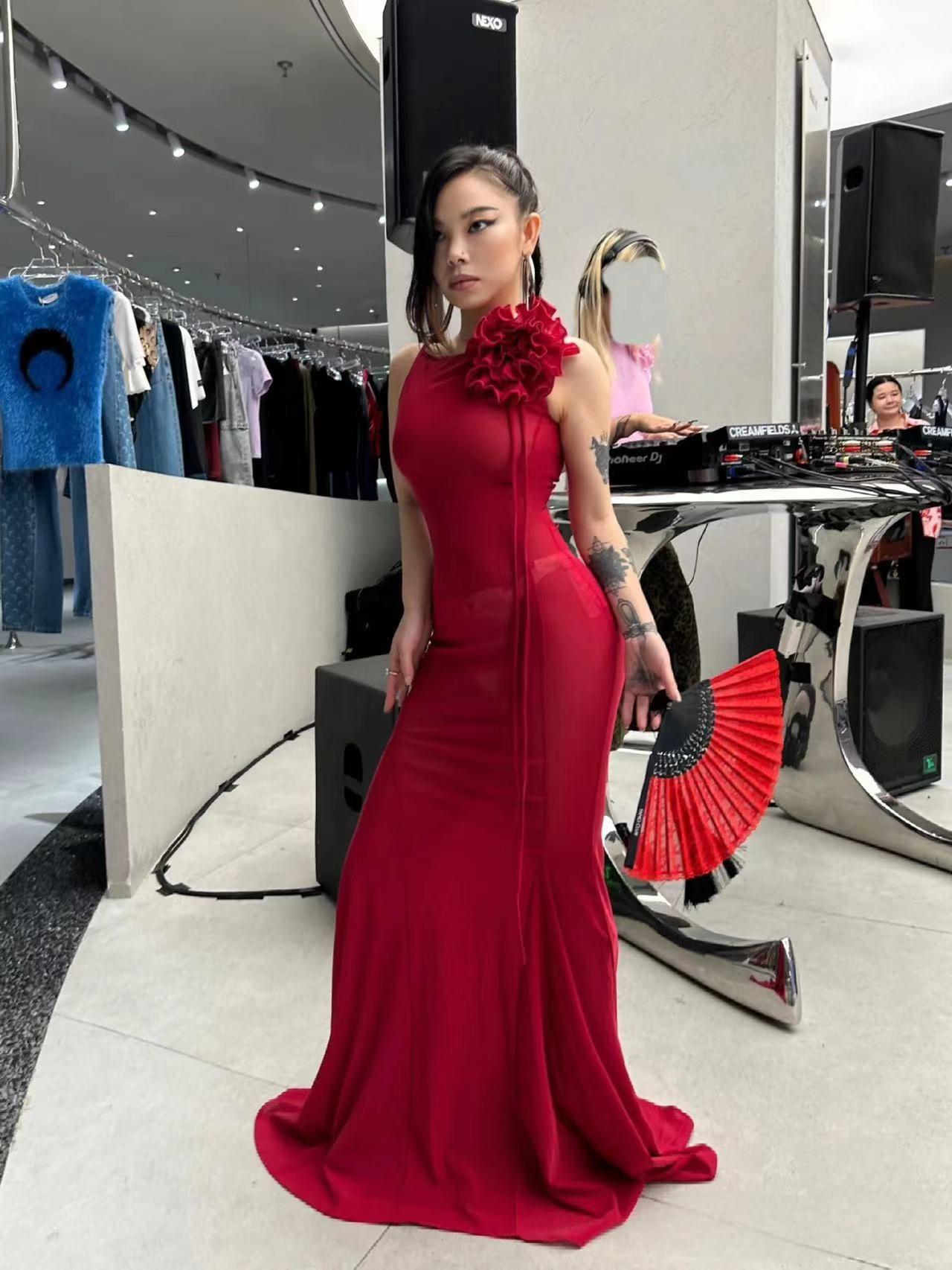 Floral Detail Maxi Dress Red