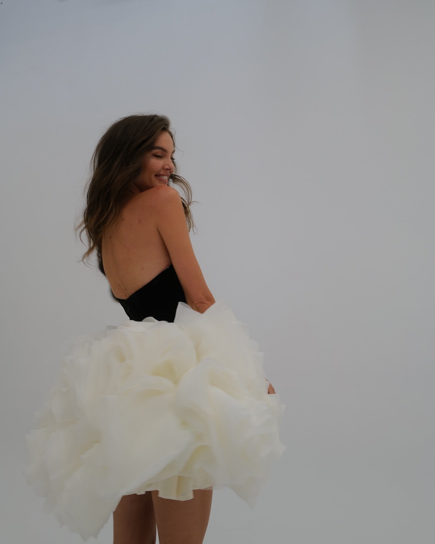 Strapless Floral Ruffle Dress Black White HV2039
