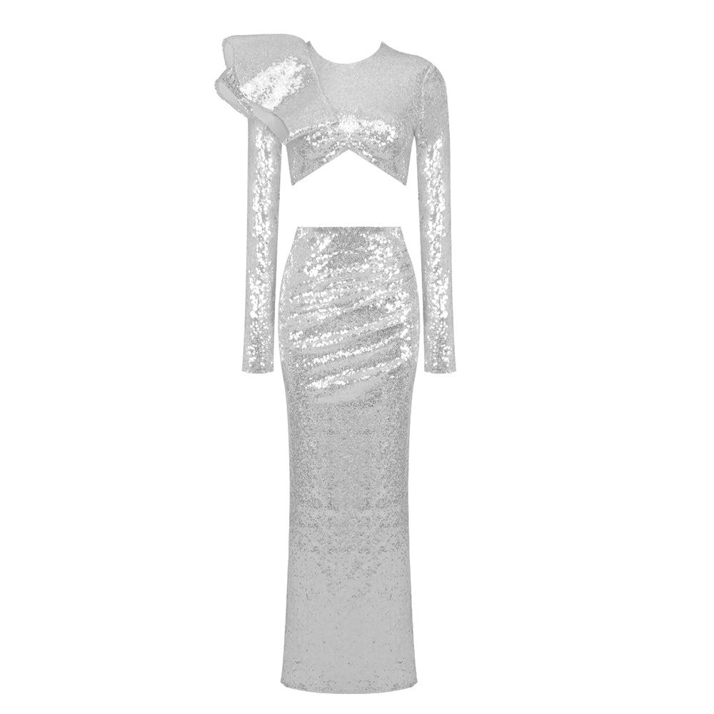 Long Sleeve Sequin Maxi Two Piece Dress Silver HV1976