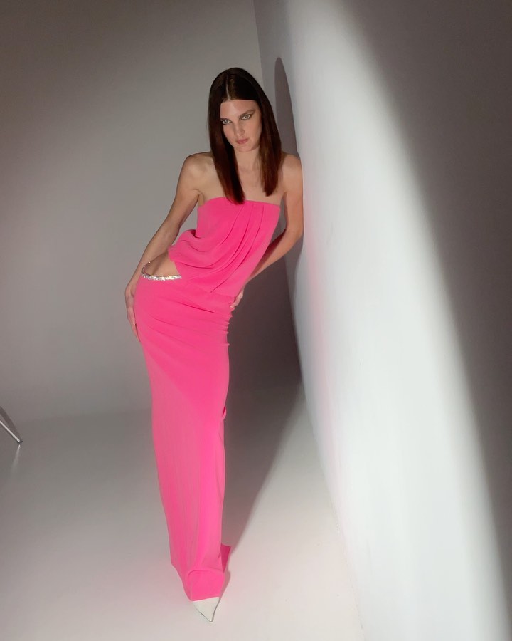 Strapless Crystal Cut Out Maxi Dress Hot Pink HV9724