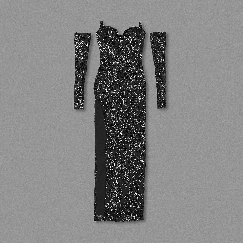 Strapless Crystal Bustier Sequin Maxi Dress Black HV1464