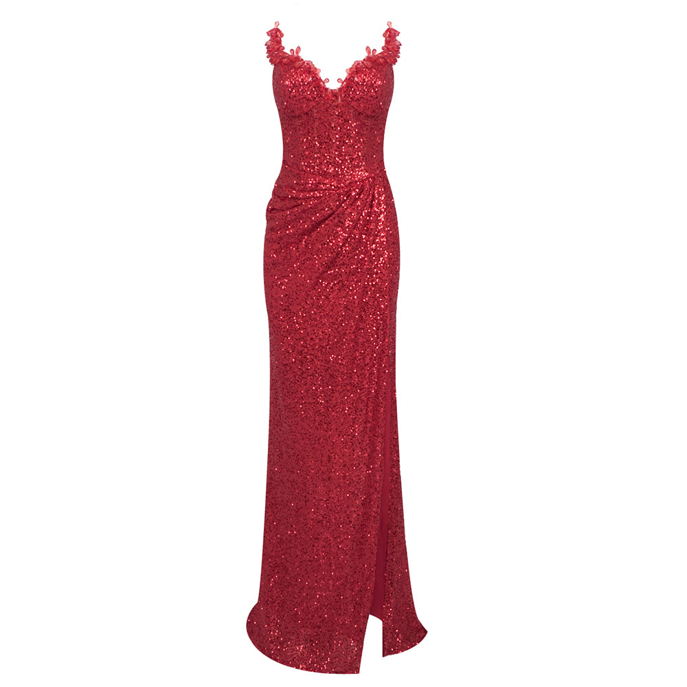 Strapless Crystal Bustier Sequin Maxi Dress Red HV179