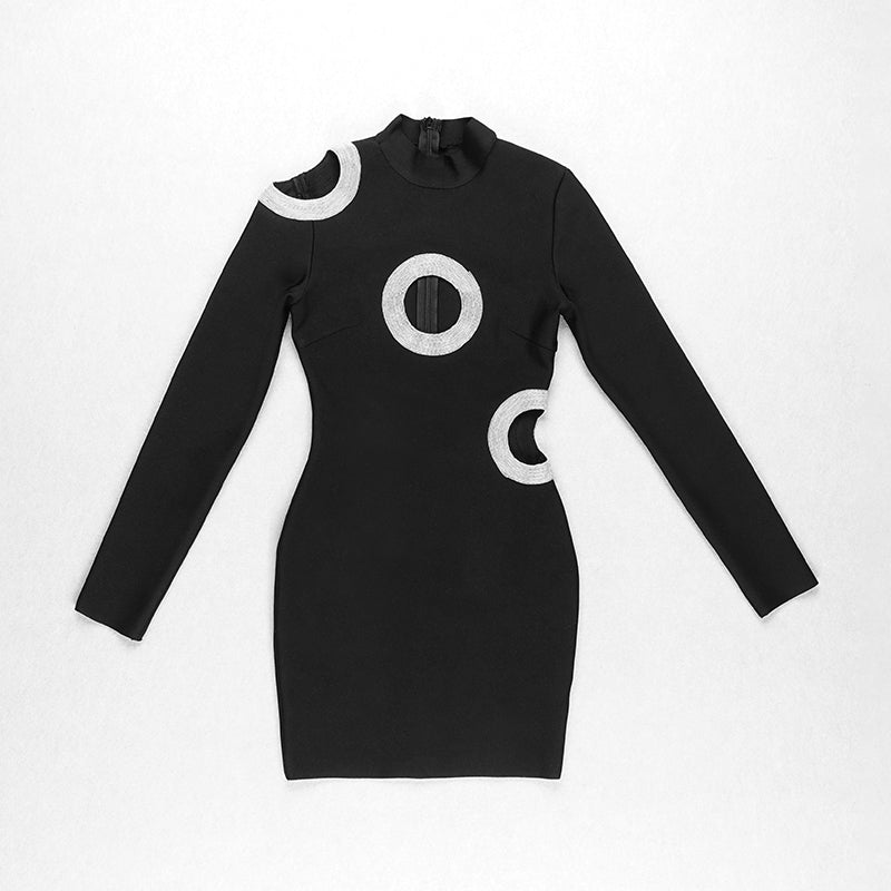 Long Sleeve Rhinestone Cut Out Dress Black HV8681