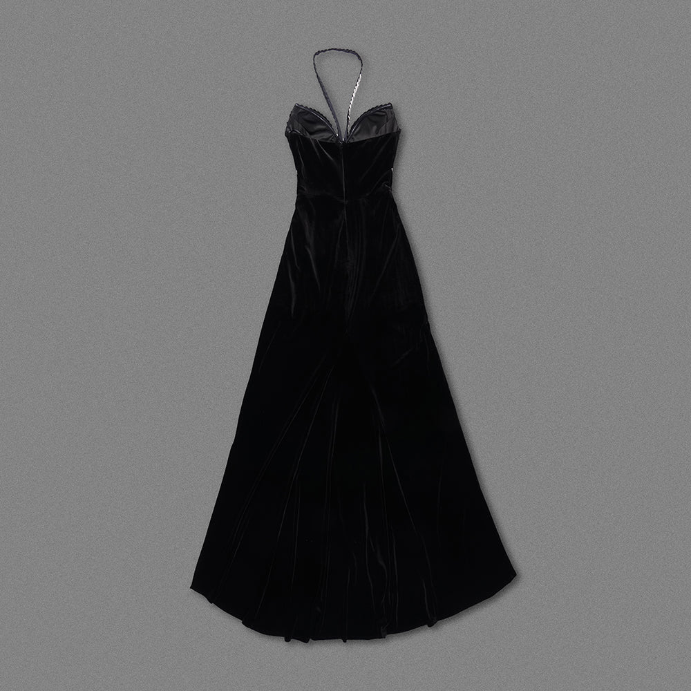 Halter Embellished Trim Maxi Velvet Dress Black HV1603