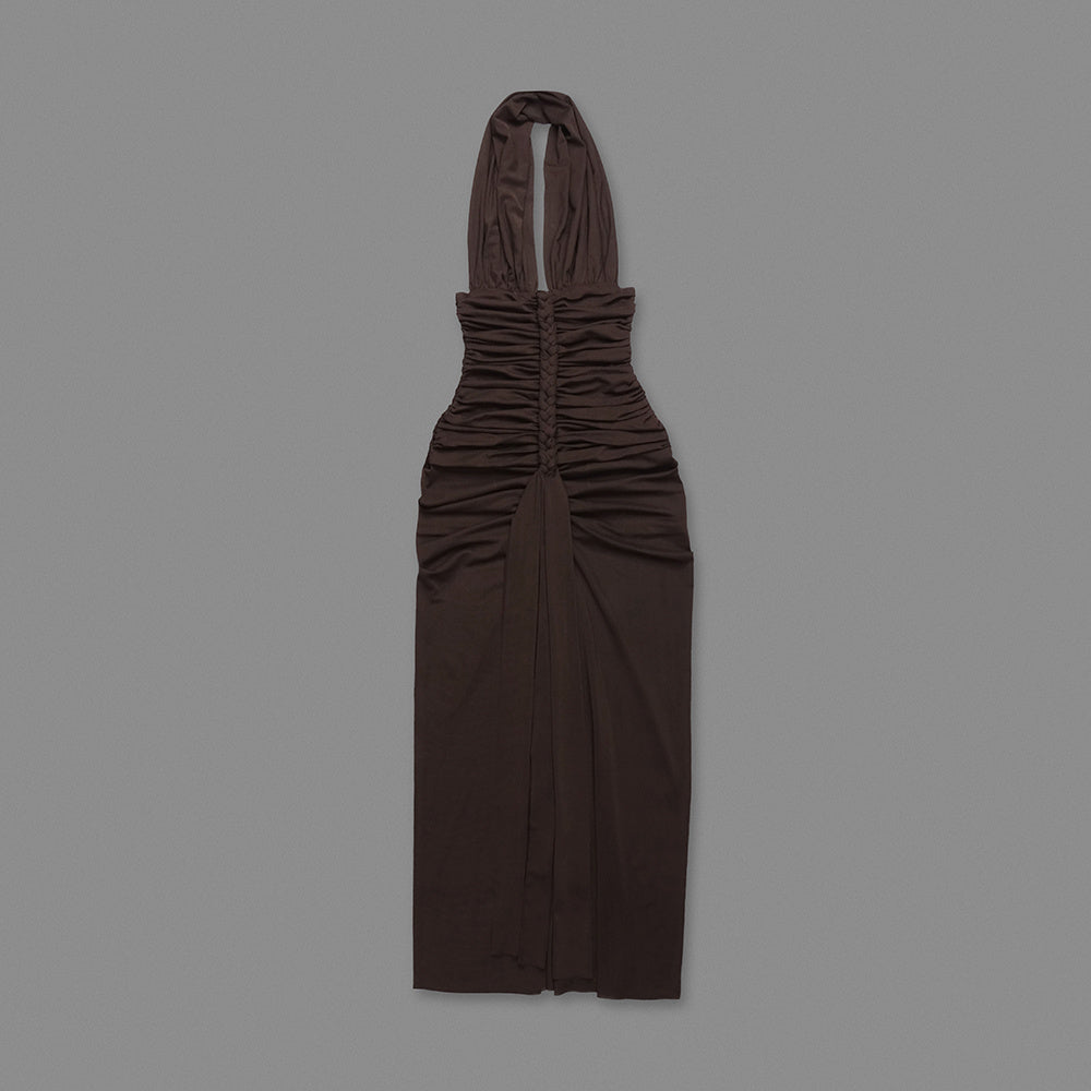 Halter Braid Detail Ruched Maxi Dress Brown HV0083