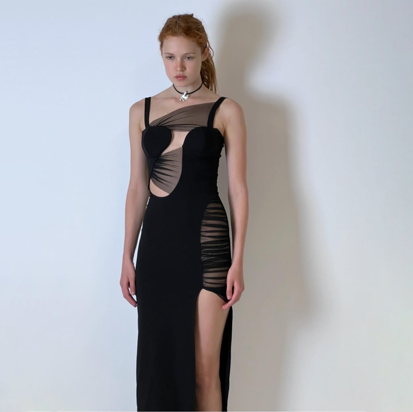 Draped Mesh Insert Maxi Dress Black HV9398