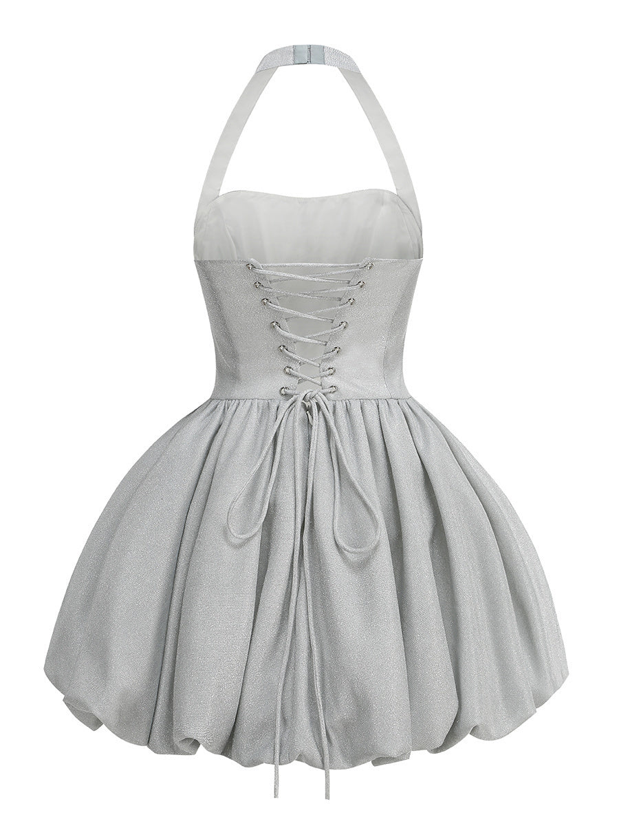 Halter Sparkly Bubble Corset Dress Silver HV2749