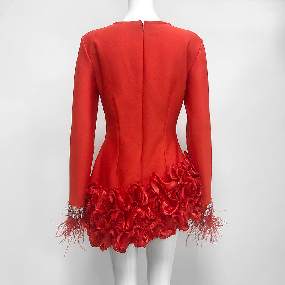 Crystal Feather Long Sleeve Ruffle Dress Red HV9972