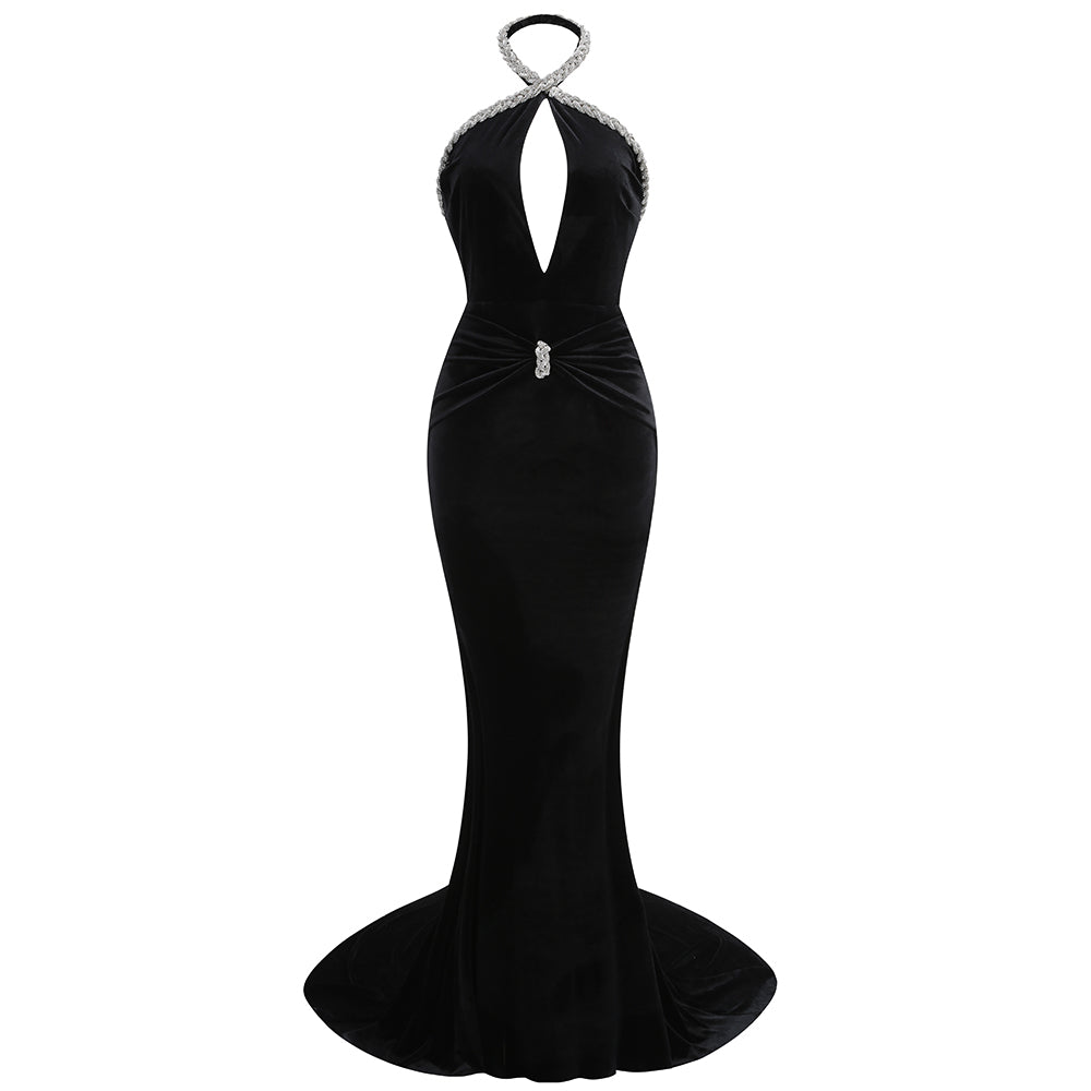 Halter Crystal Braid Maxi Velvet Dress Black HV1897