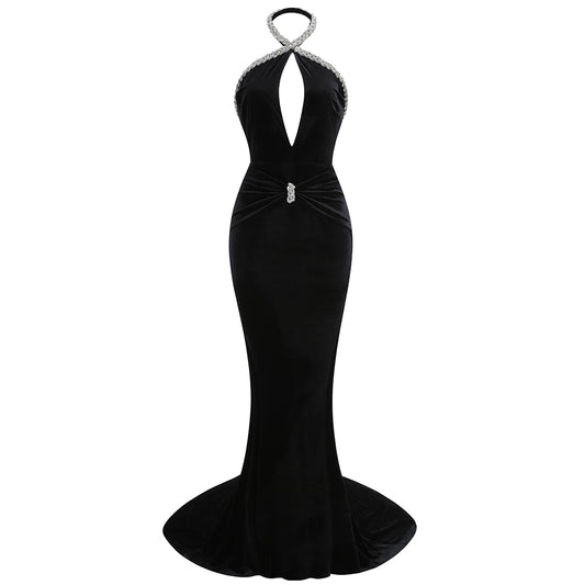 Halter Crystal Braid Maxi Velvet Dress Black HV1897