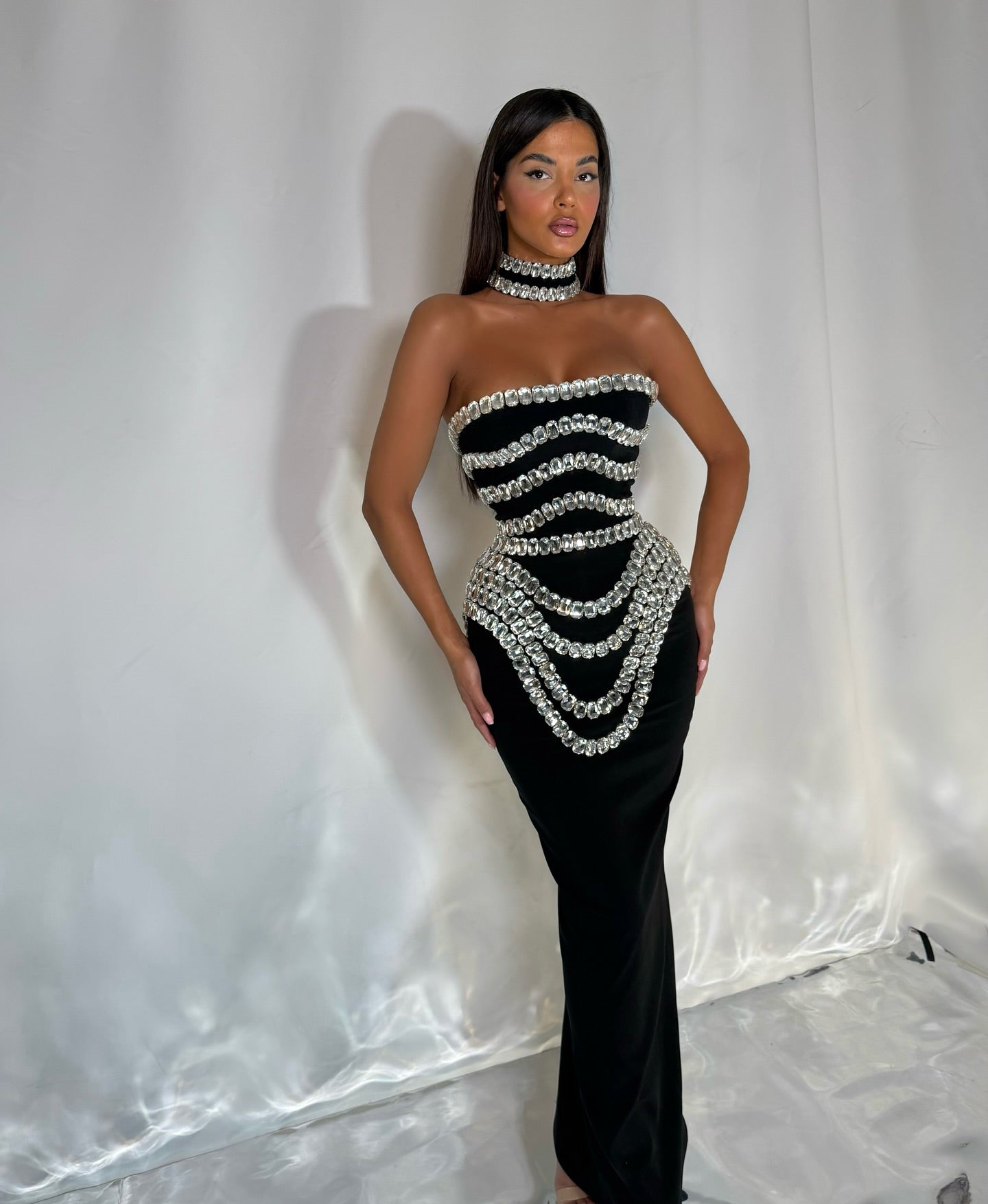 Strapless Crystal Trims Maxi Dress Black HV2003