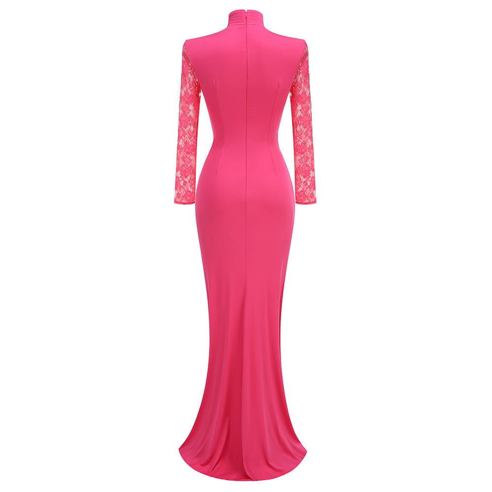 Lace Long Sleeve Draped Maxi Dress Hot Pink HV1768