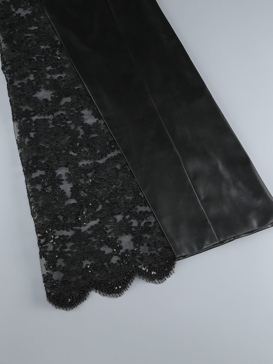 Strapless Sequin Lace Maxi Faux Leather Dress Black