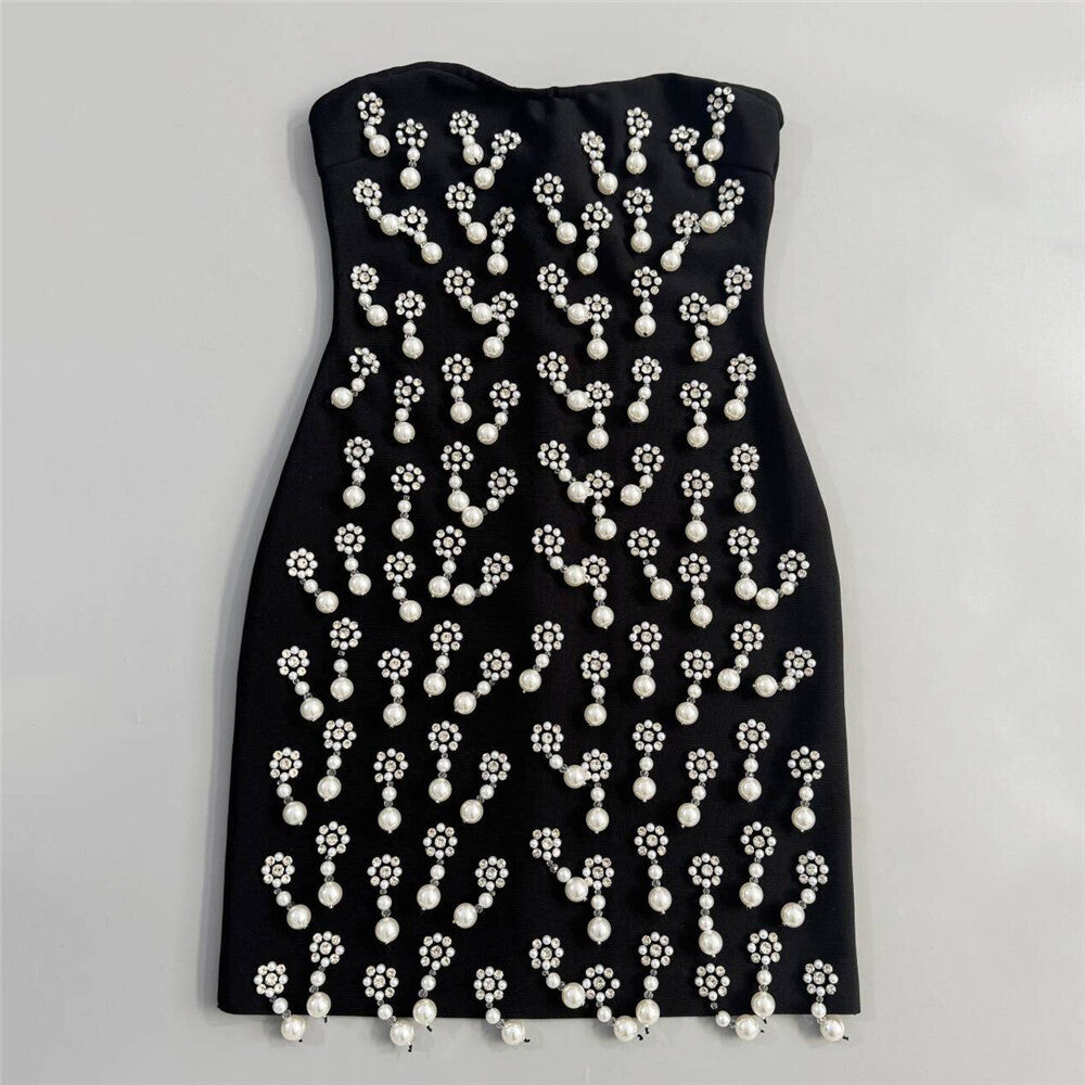 Strapless Crystal Pearl Embellished Dress Black HV2610