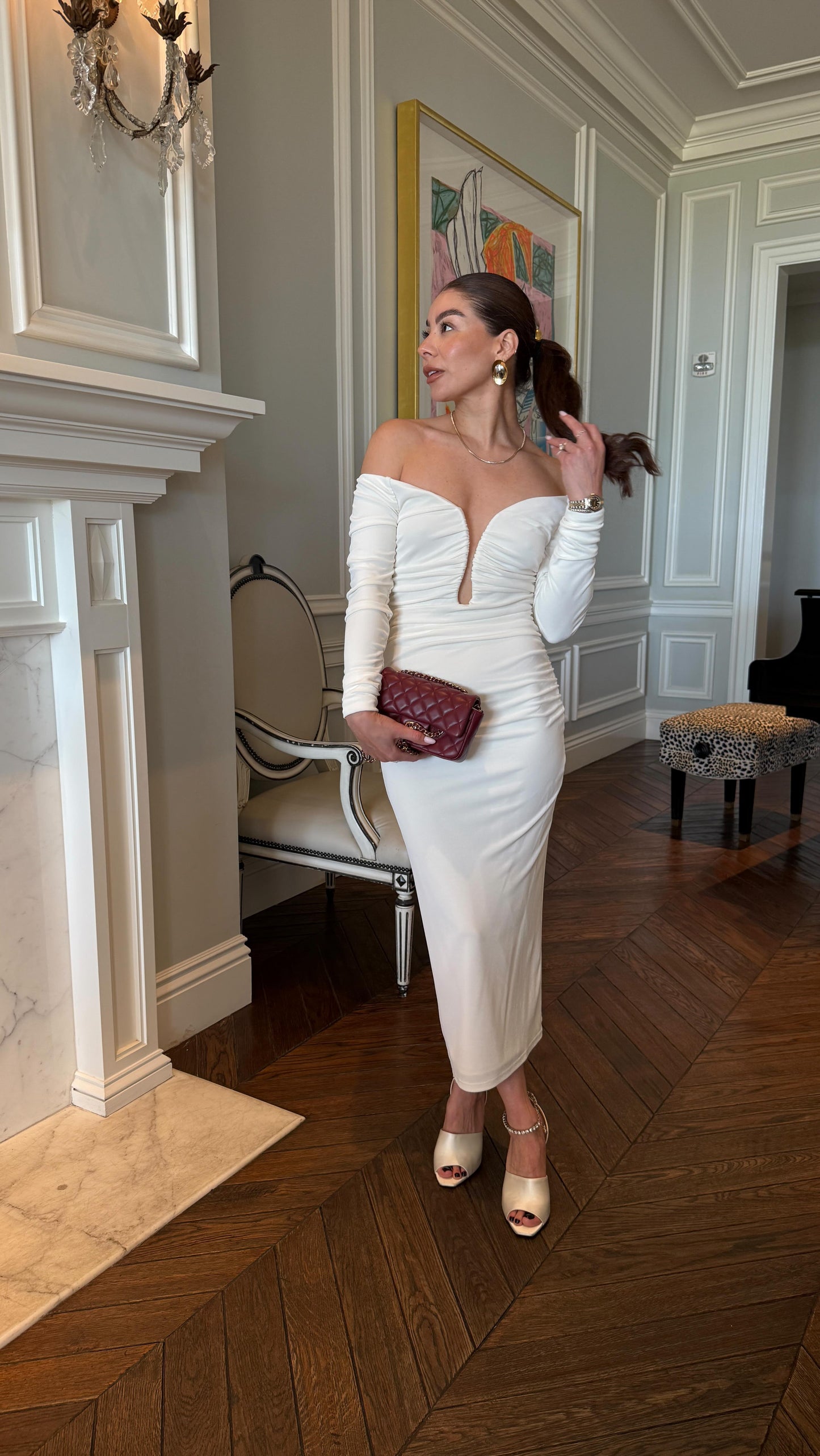 Long Sleeve Ruched Bardot Midi Dress White HV1923
