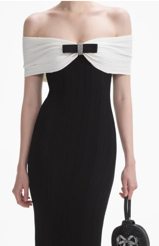 Bardot Ribbed Fluted Midi Dress Black White
