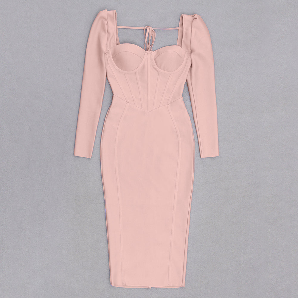 Long Sleeve Corset Design Midi Dress HV9755