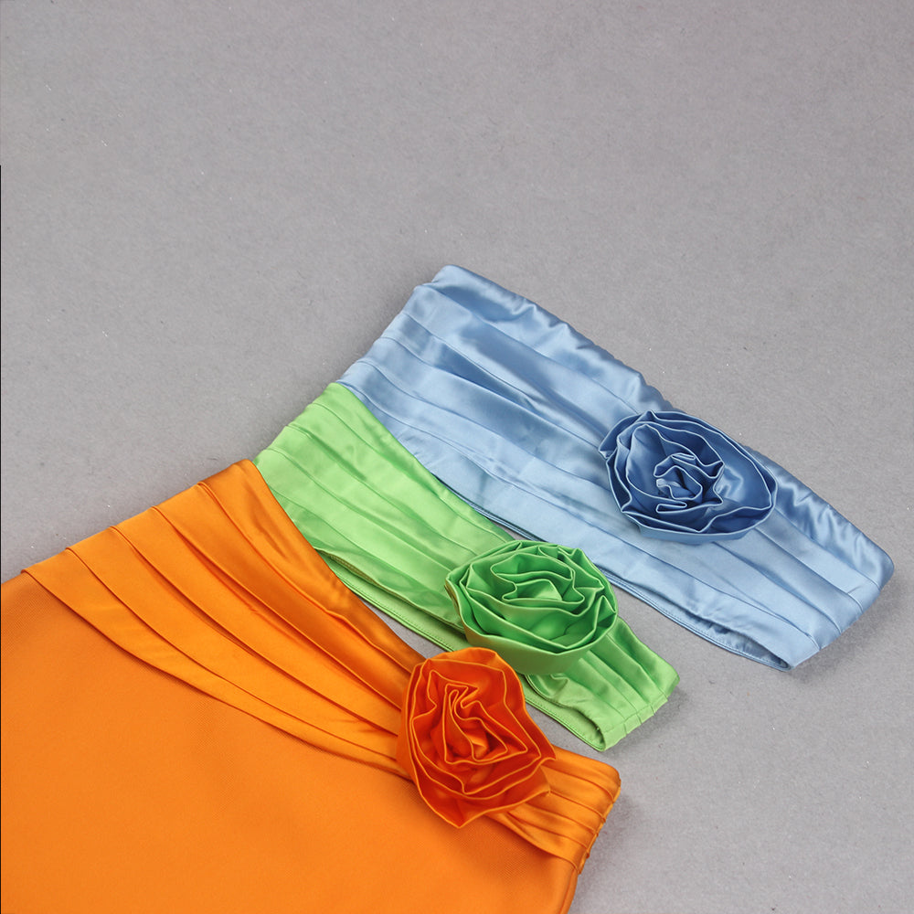 Strapless Flower Pleated Dress Blue Green Orange HV9330