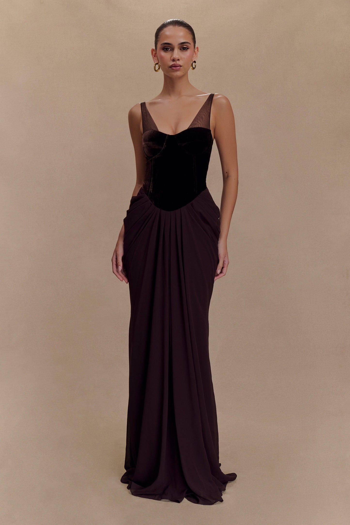 Velvet Bustier Draped Maxi Dress Brown HV2136