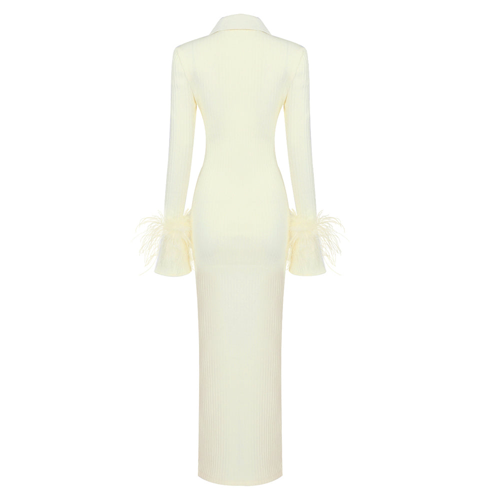 Long Sleeve Feather Ribbed Maxi Dress Ivory HV8975