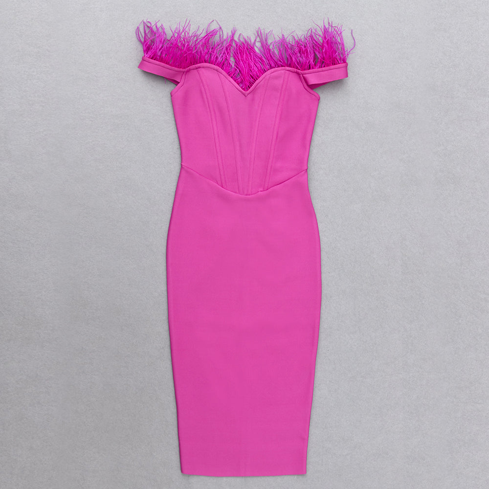 Feather Off Shoulder Midi Dress Hot Pink HV9035