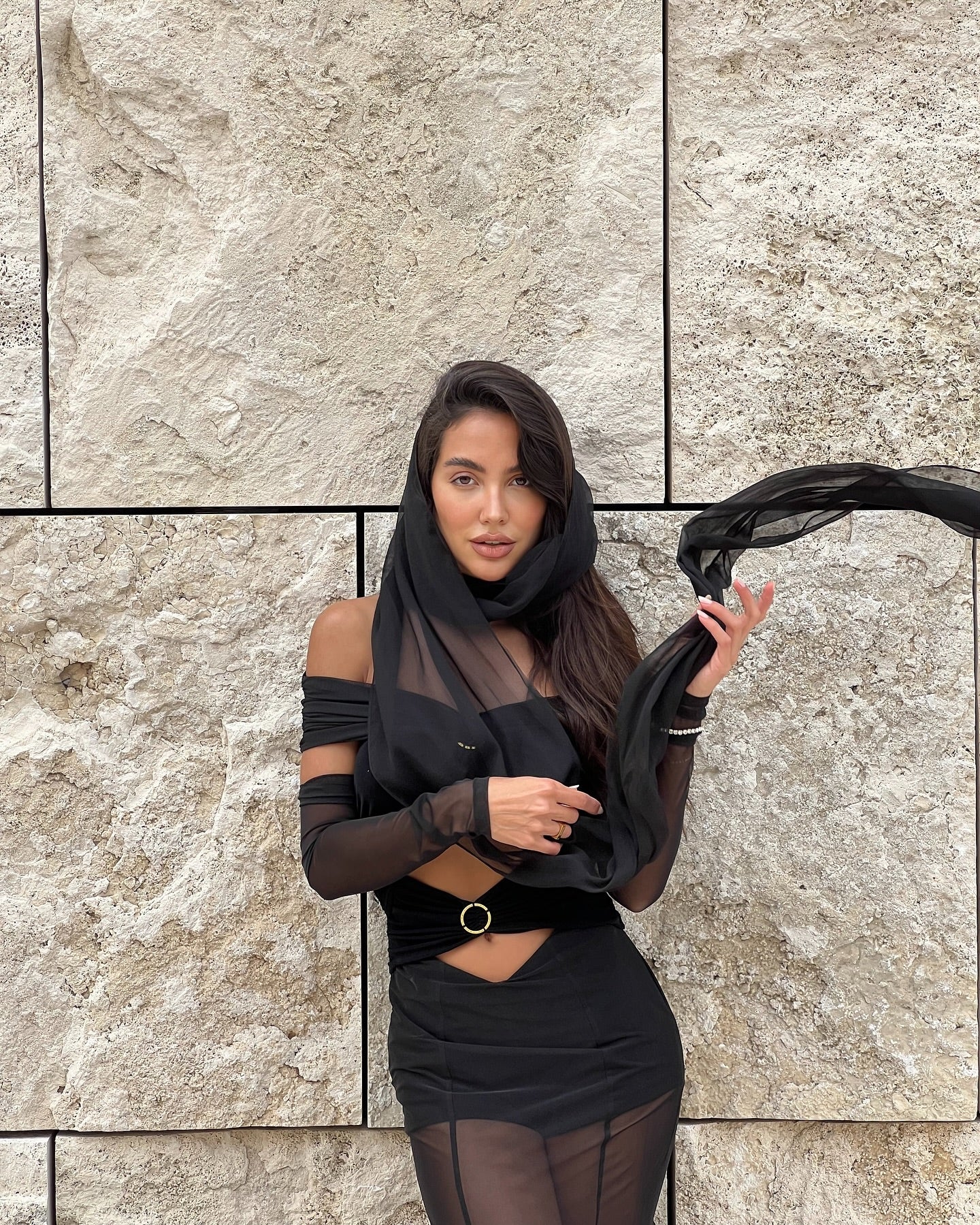 Long Sleeve Bardot Draped Mesh Maxi Dress Black HV1647