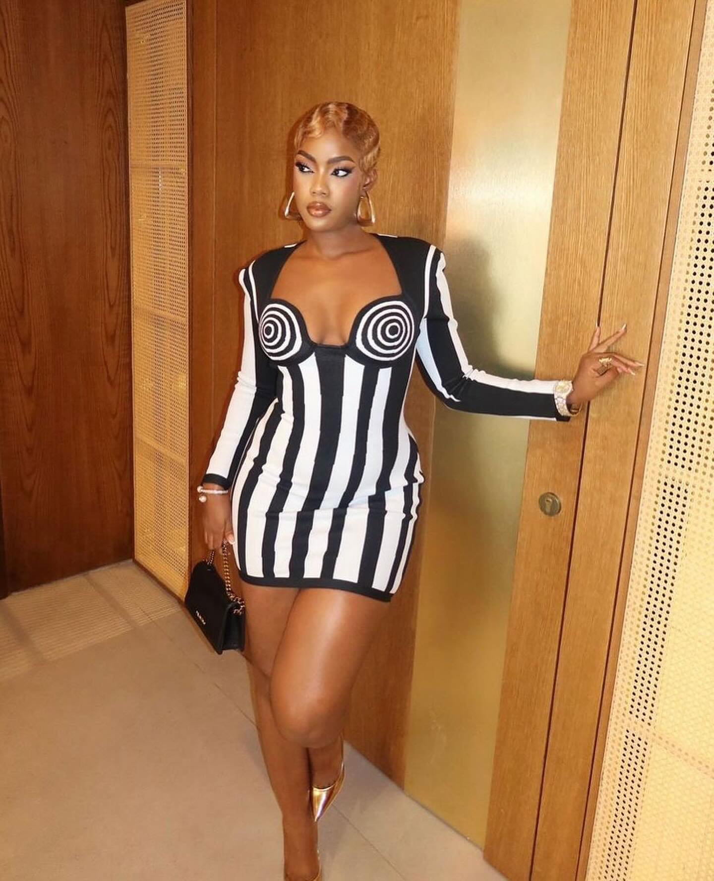 Long Sleeve Bustier Striped Dress Black White HV1805