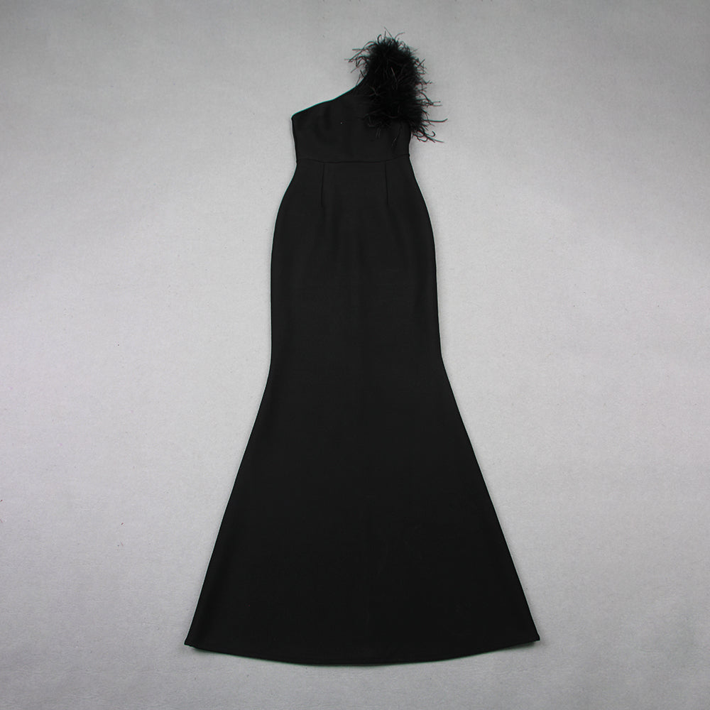 Feather One Shoulder Mermaid Maxi Dress Black HV9959