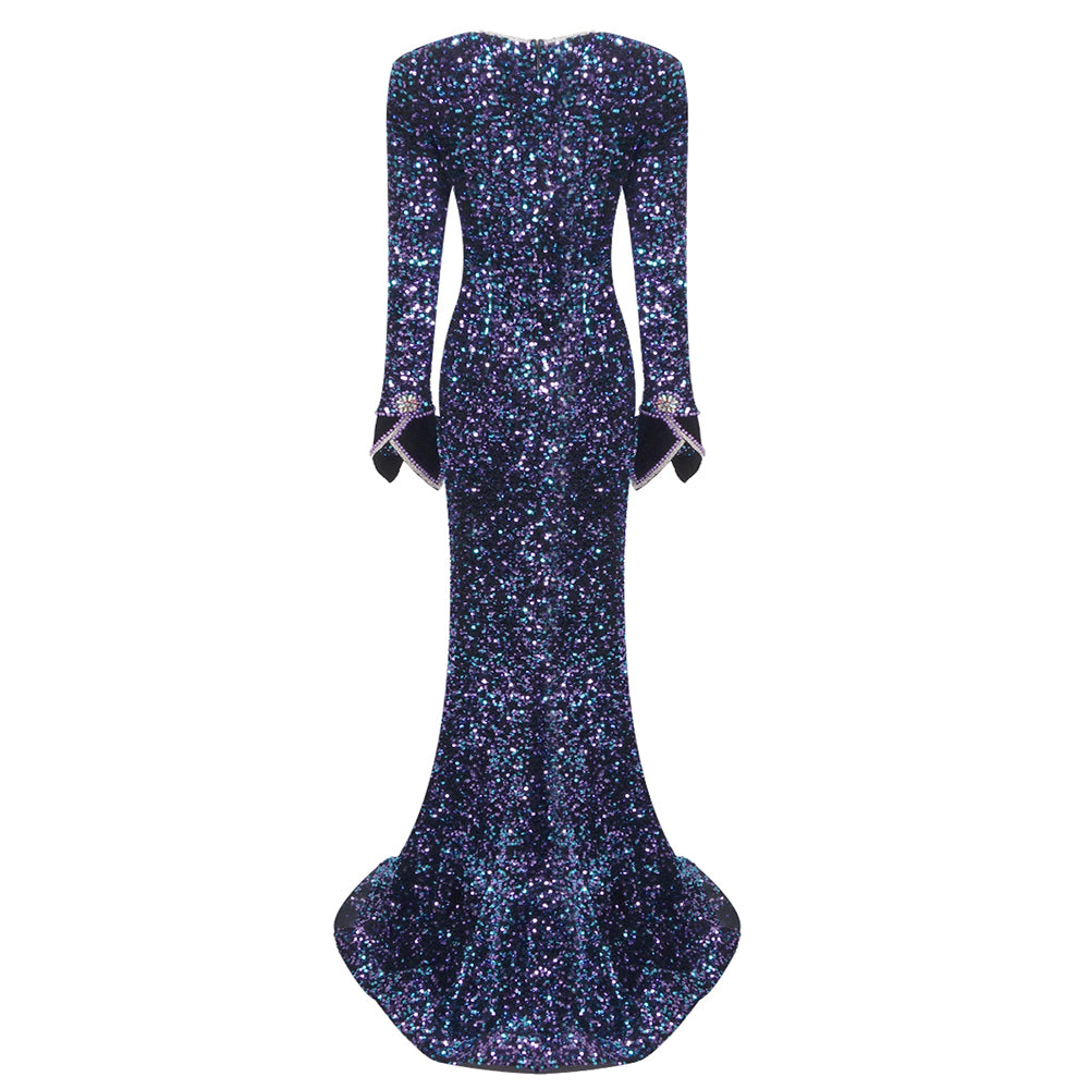 Long Sleeve Crystal Sequin Mermaid Maxi Dress Blue HV1786