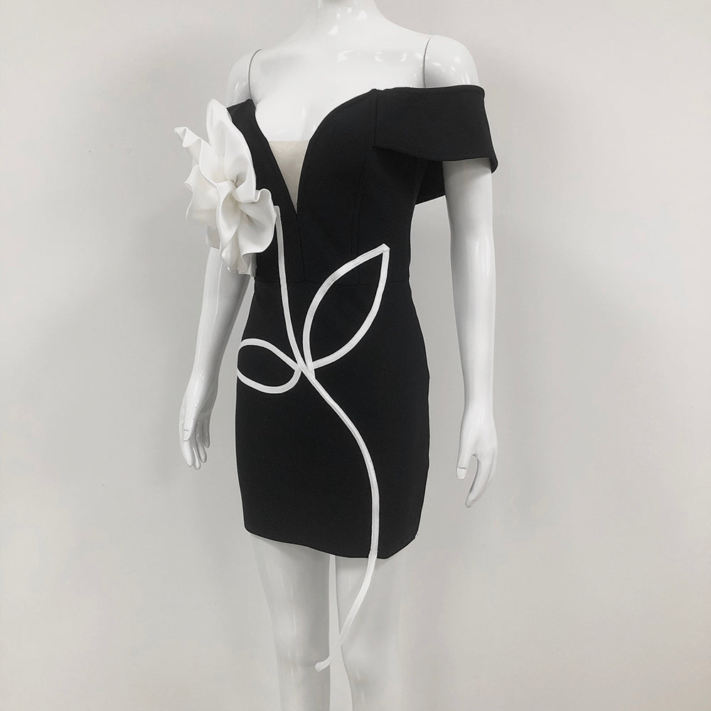 Floral Bardot Dress Black White HV1595