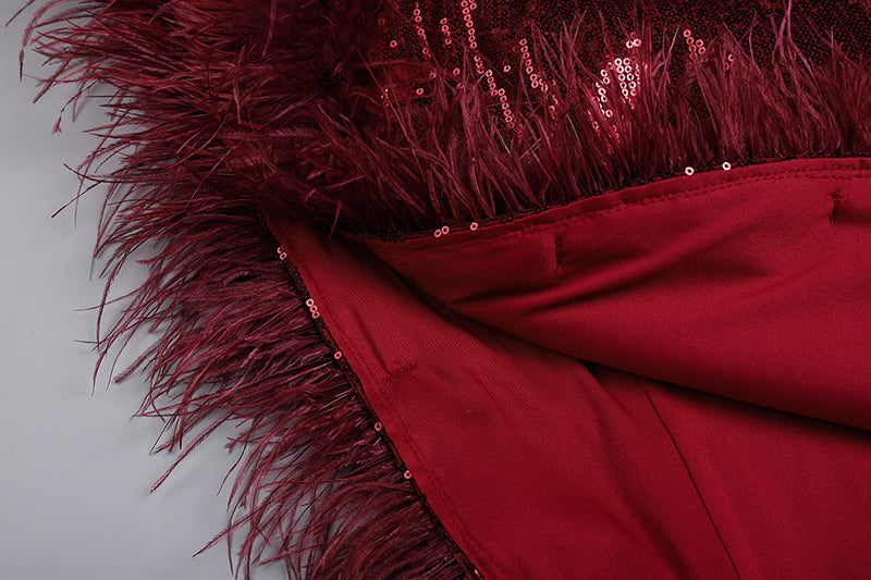 Halter Sequin Feather Maxi Dress Red