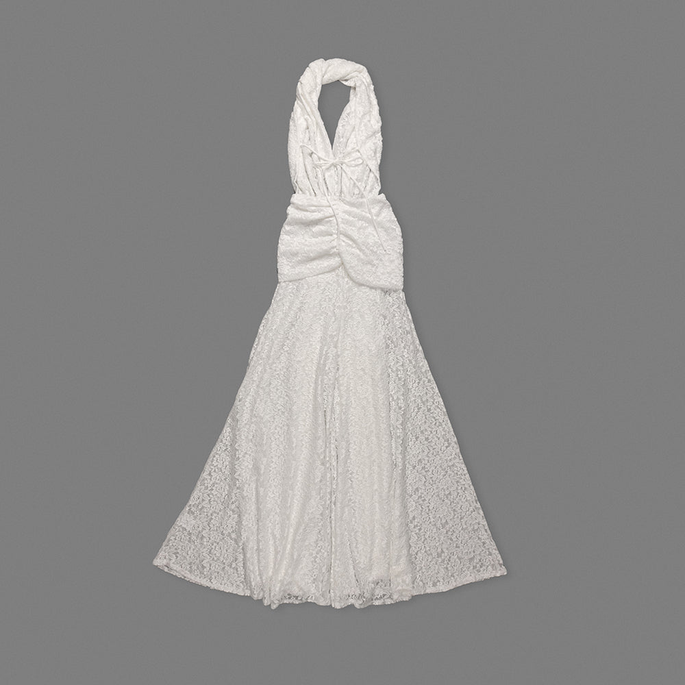 Halter Draped Crochet Maxi Dress White HV0096