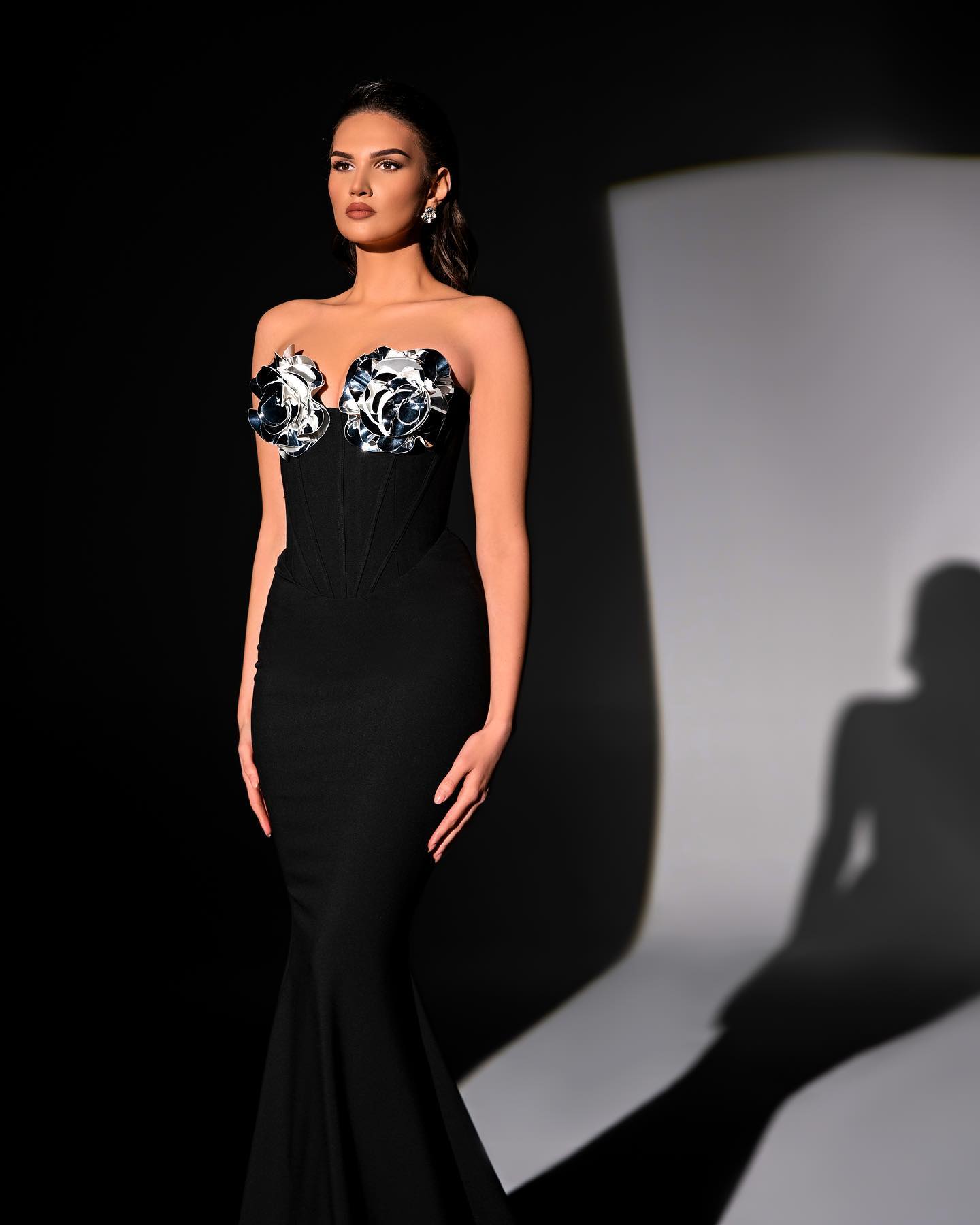 Strapless Floral Bustier Maxi Dress Black Silver HV2037