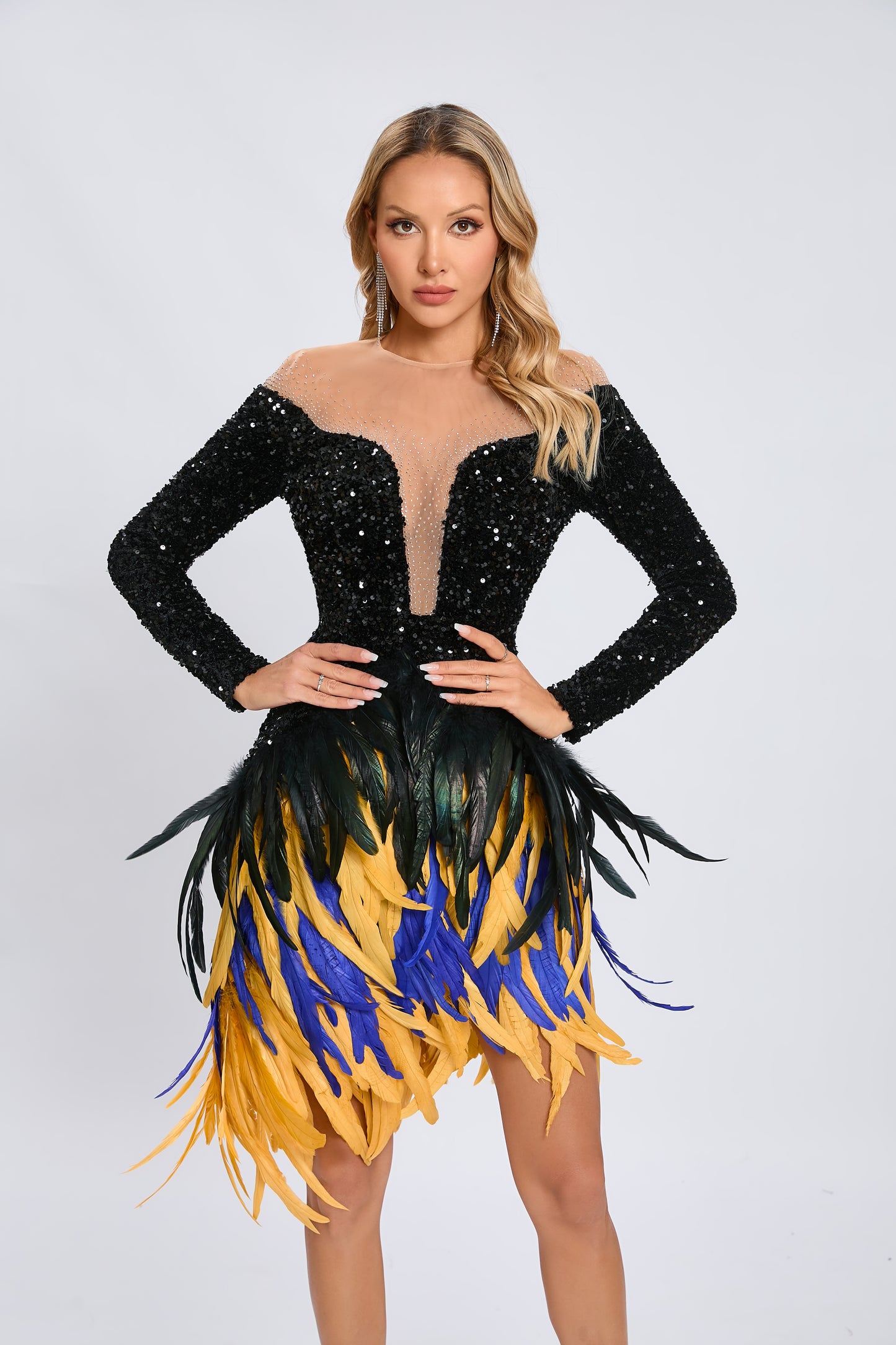 Long Sleeve Sequin Feather Dress Black HV1980