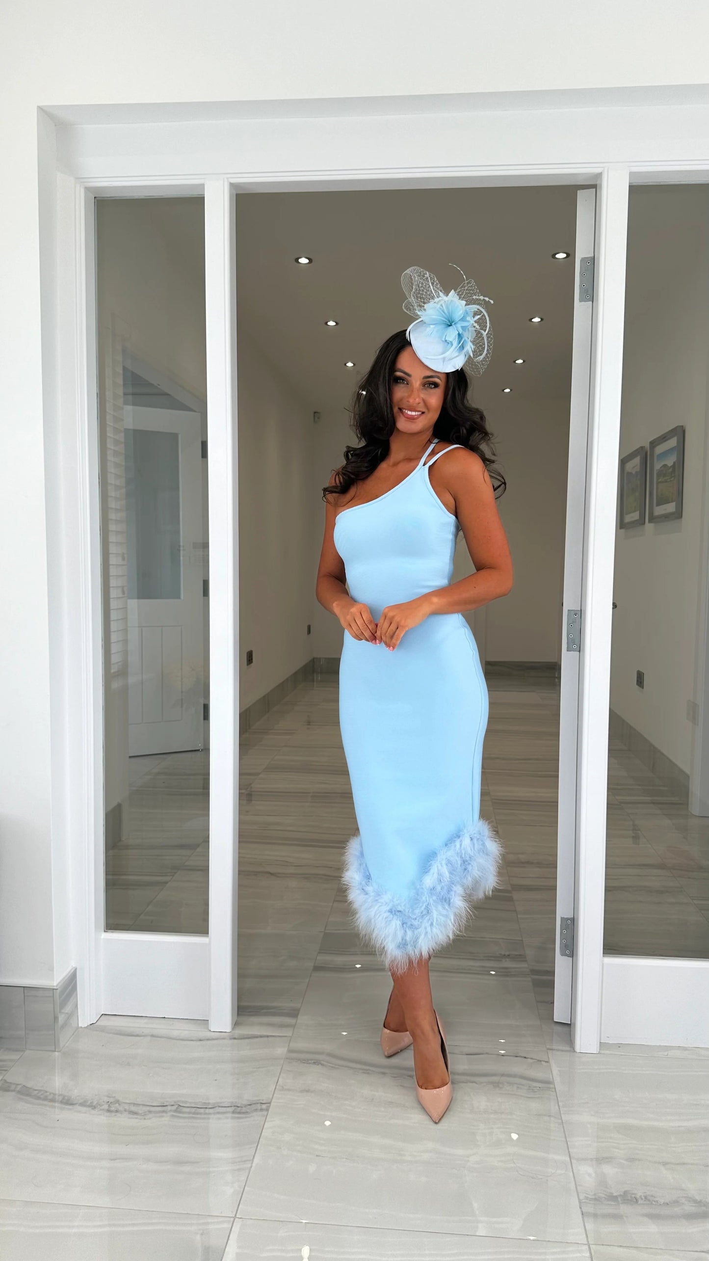 One Shoulder Feather Detail Midi Dress Blue
