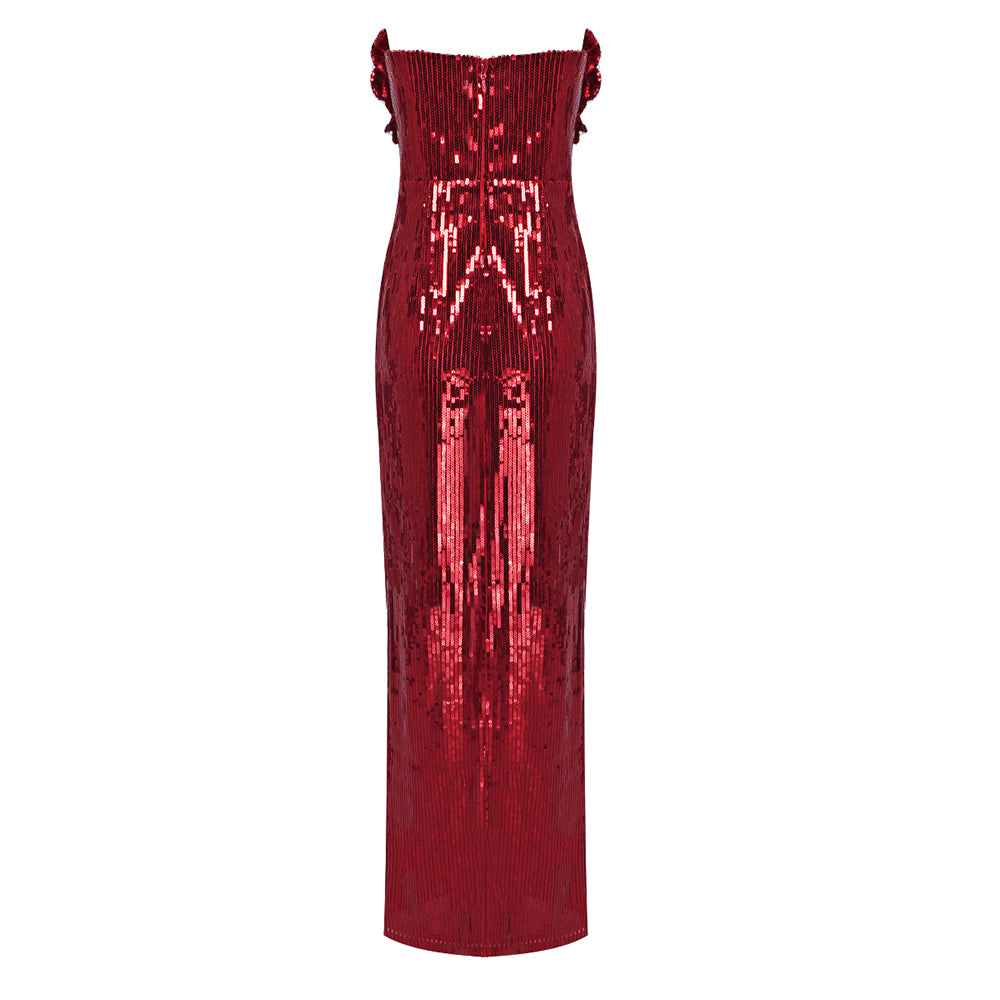 Strapless Flower Sequin Maxi Dress Red HV1007