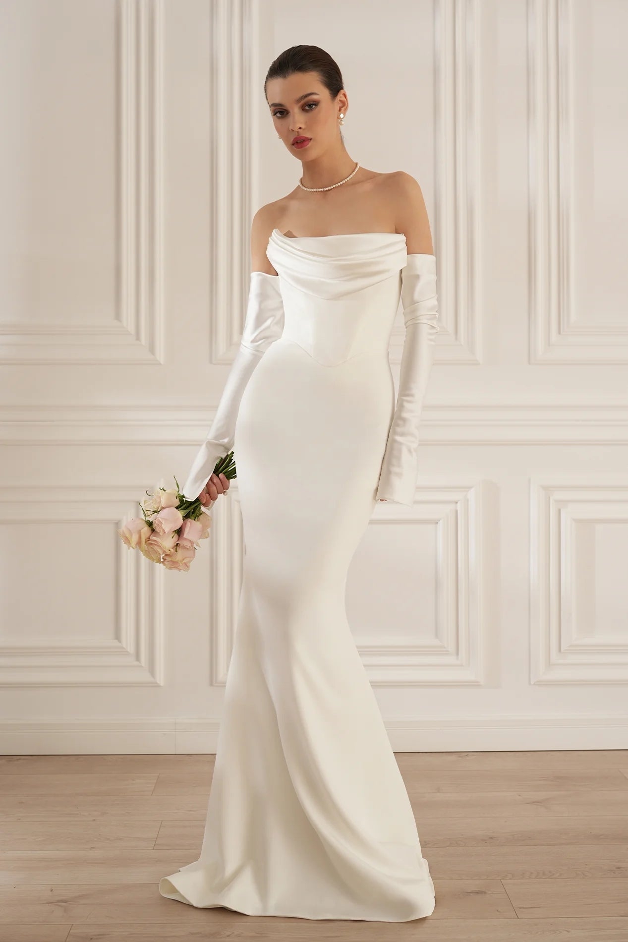 Long Sleeve Strapless Draped Maxi Dress HV2127