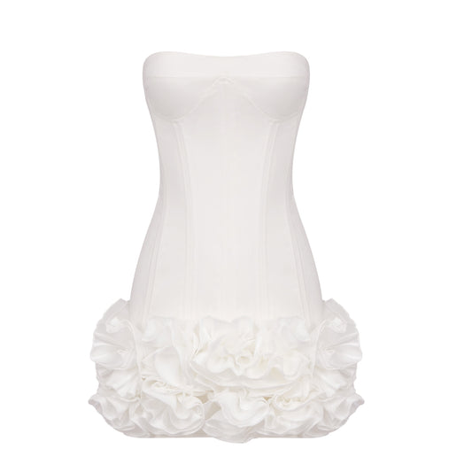 Strapless Corset Floral Ruffle Dress White HV1645