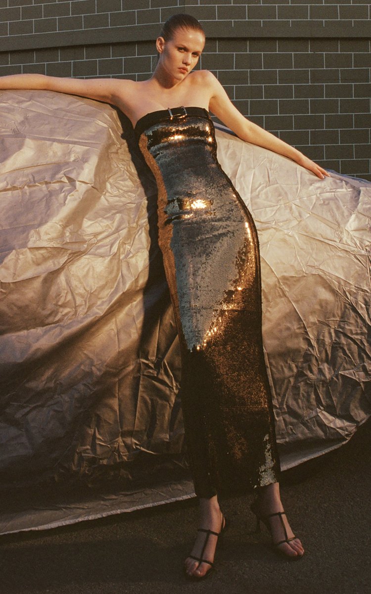 Strapless Belt Detail Sequin Maxi Dress Gold HV9632