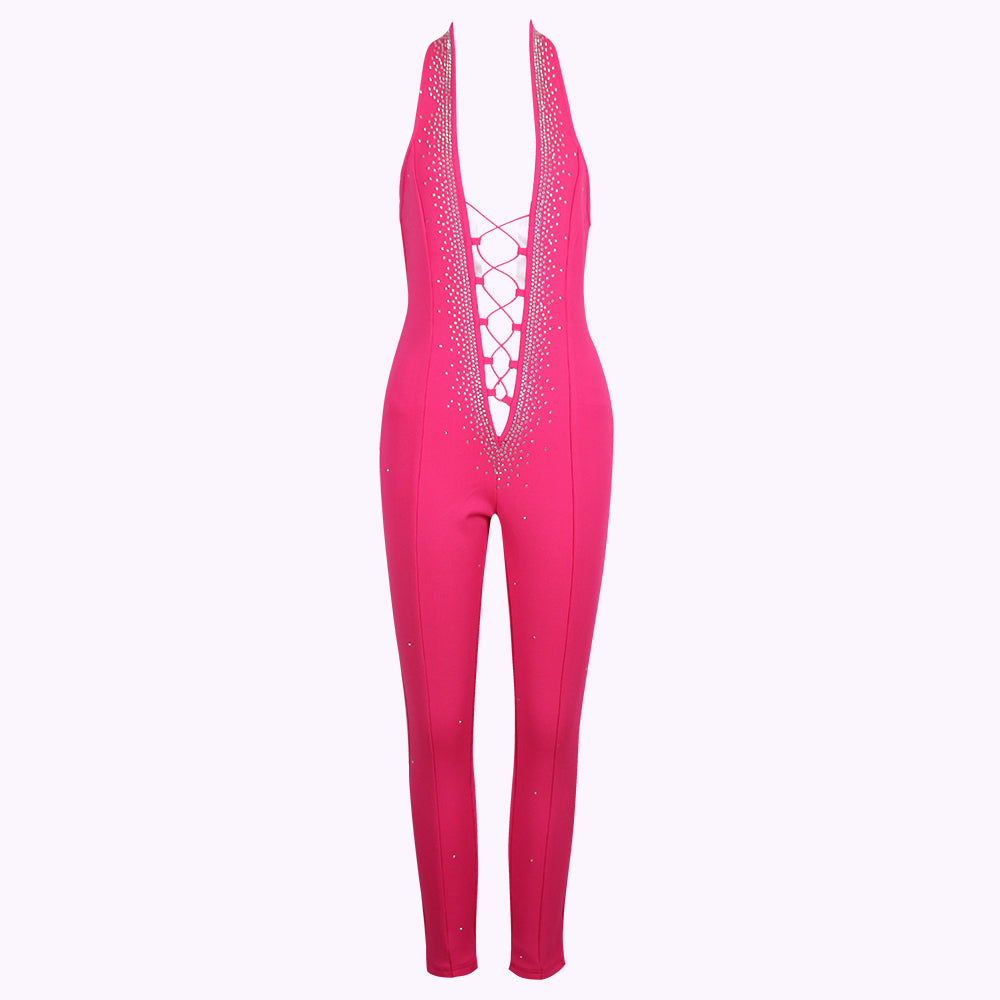 Halter Rhinestone Lace Up Jumpsuit HV9286