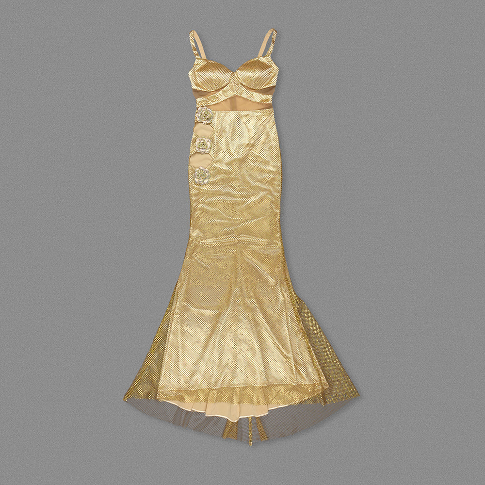 Floral Sparkly Maxi Dress Gold HV1729