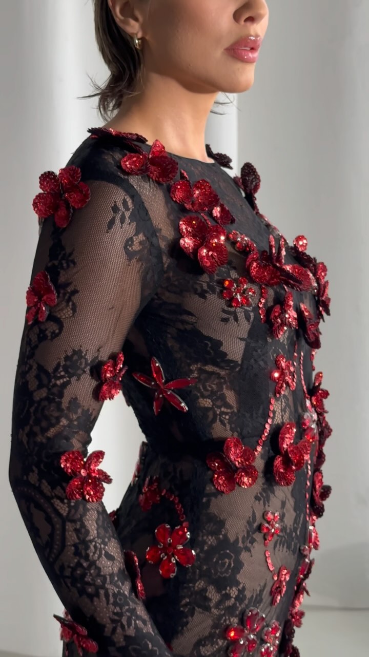 Long Sleeve Floral Detail Lace Maxi Dress Black Red HV1761