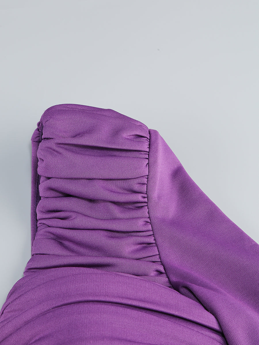 One Sleeve Ruched Dress Purple Gold