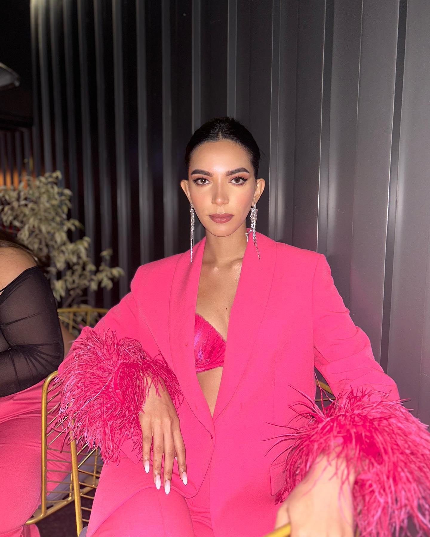 Long Sleeve Feather Detail Suit Hot Pink HV1267