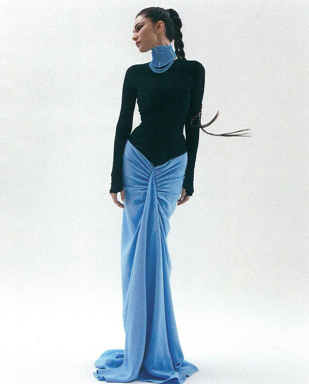 Long Sleeve Draped Maxi Two Piece Dress Black Blue HV9678