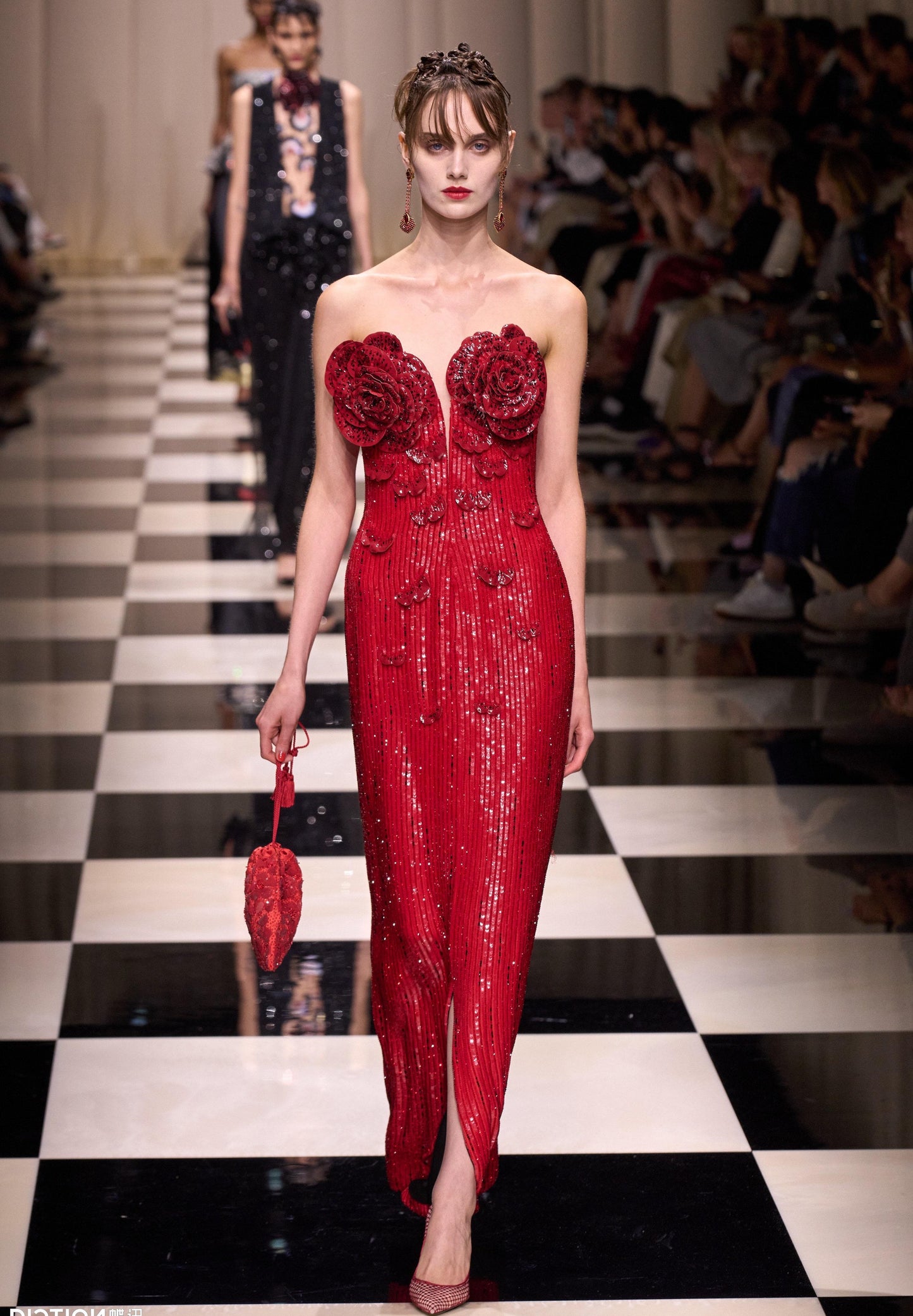 Strapless Flower Sequin Maxi Dress Red HV1007